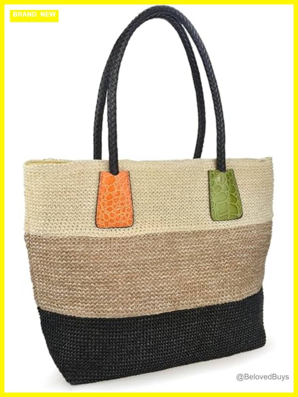 Color Block Crocodile Pattern Stripes Woven Straw Tote Shoulder Handbag